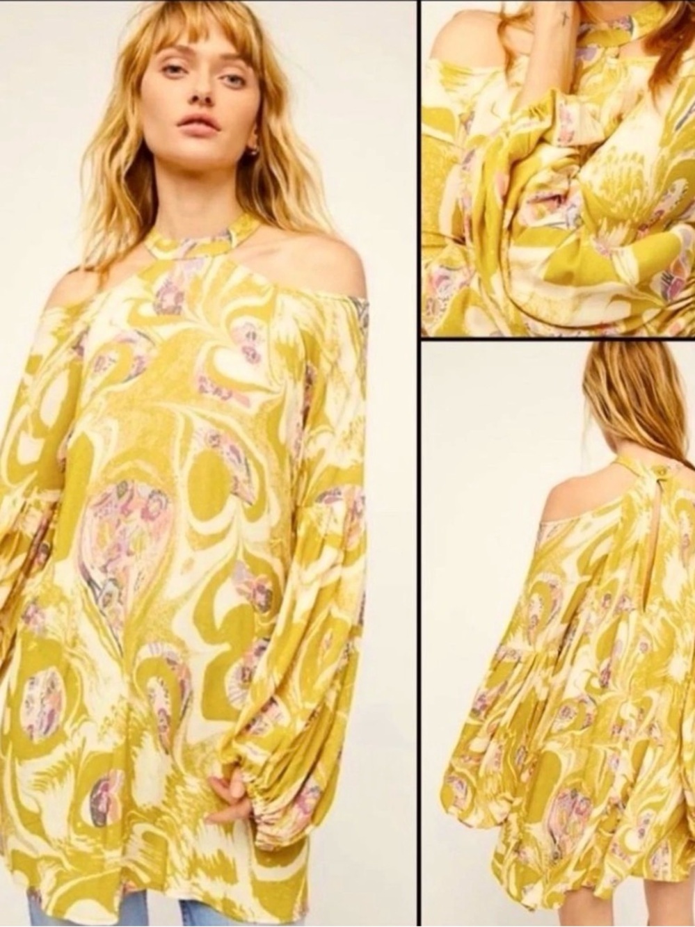 Free People Drift Away Tunic Dress S Chartreuse Floral Boho Fairy‎ Whimsigoth
